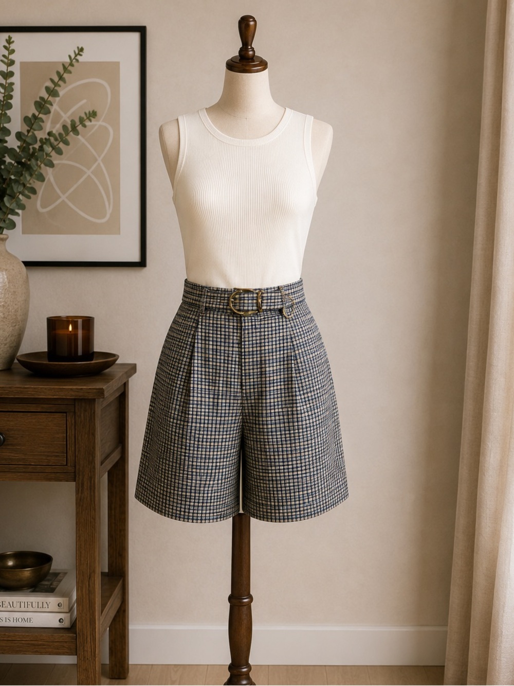 Vintage Pont Neuf Plaid High Waist Long Shorts Gold Buckle Academia Size 12